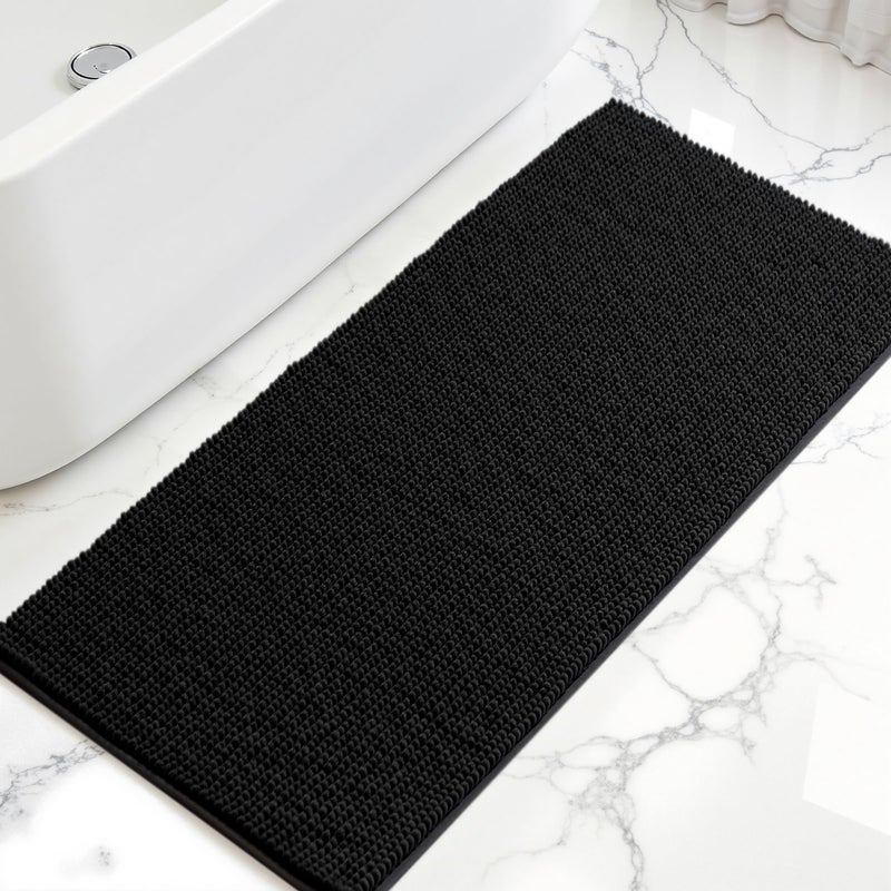 SUBRTEX Bathroom Rugs, 24" x 60" Chenille Bath Rug Soft Short Plush Bath Mat Soft Shower Mat Water Absorbent Shower Mat Quick Dry Machine Washable, Black - Image 1